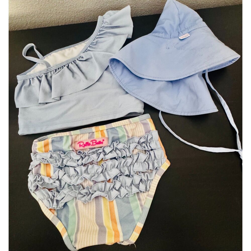 RuffleButts 3T Blue Ruffle Bikini Set + Matching Sun Hat Toddler Swim